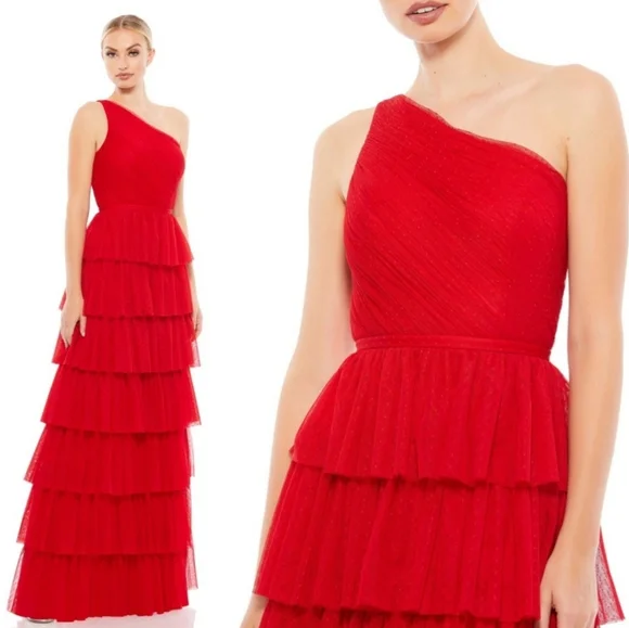 NWT Mac Dugggal Tiered One-Shoulder Gown size 6 - Picture 1 of 12